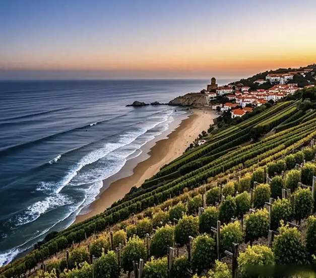 Vinhas numa encosta junto ao mar, com uma aldeia costeira ao pôr do sol